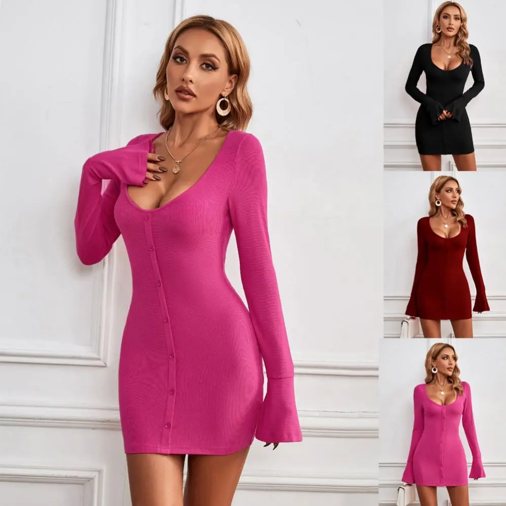 Casual Women's Single Button Solid Short Long Sleeve Wrap Knitted Sweater Dress Bodycon Mini Cardigan Dress