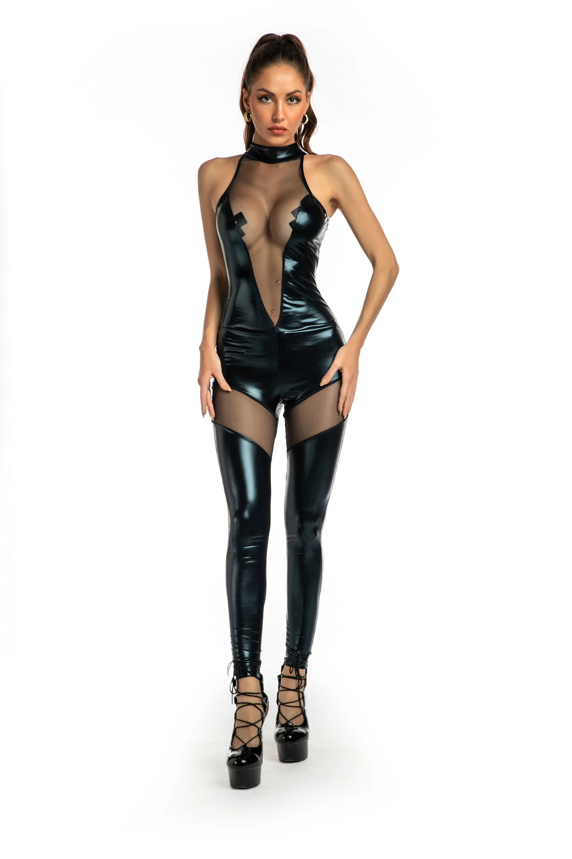 Women Sexy Faux Leather Mesh Patchwork Jumpsuits Halter Neck Backless