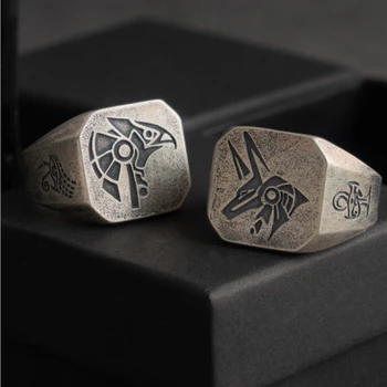 Low-key lux Resizable 925 Silver Ring Customized Logo Ancient Silver Craft Ring Egyptian Gods Eyes Of Horus Anubis Ring for men
