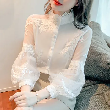 Sweet Style Lantern Sleeve Chiffon Shirt Women Embroidered Flower White Blouses Female Mesh Stitching Pure Top