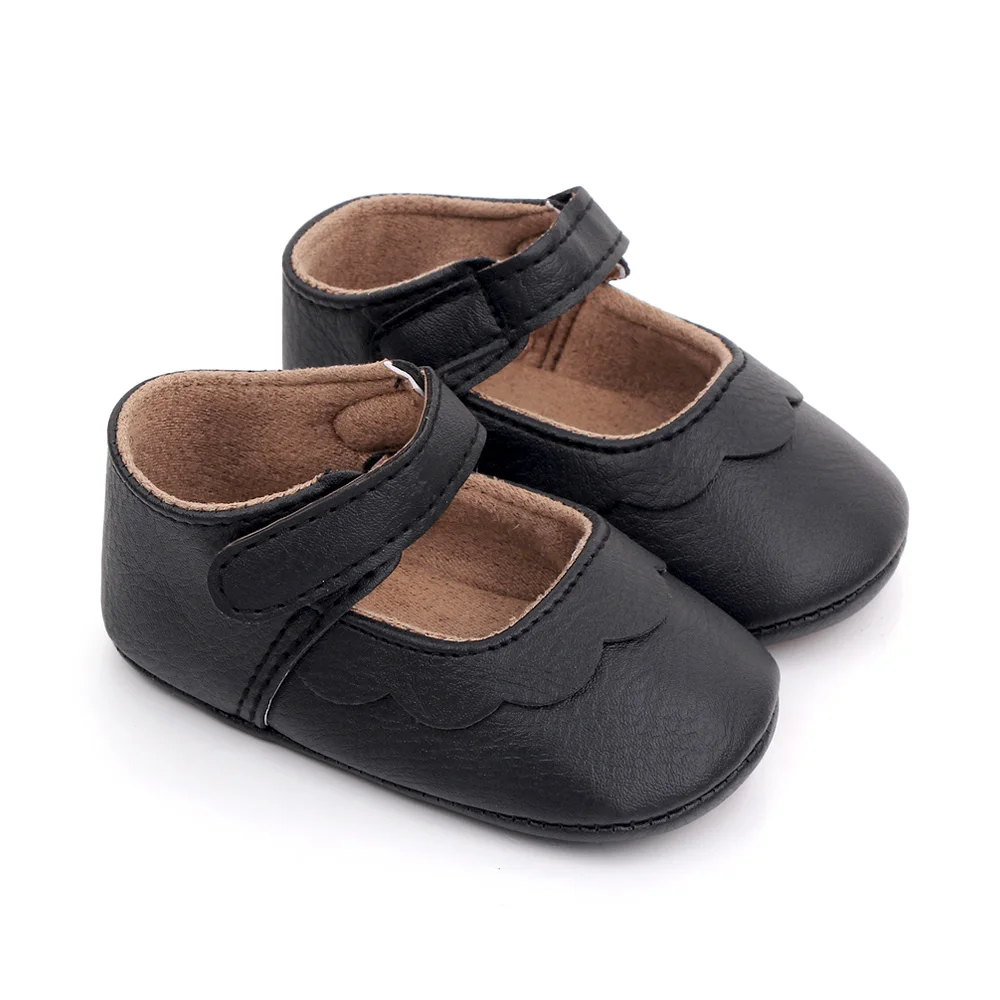 Solid Color PU Leather Top Wave Lace Baby Girls Non-slip Soft Soled Princess Toddler Shoes details