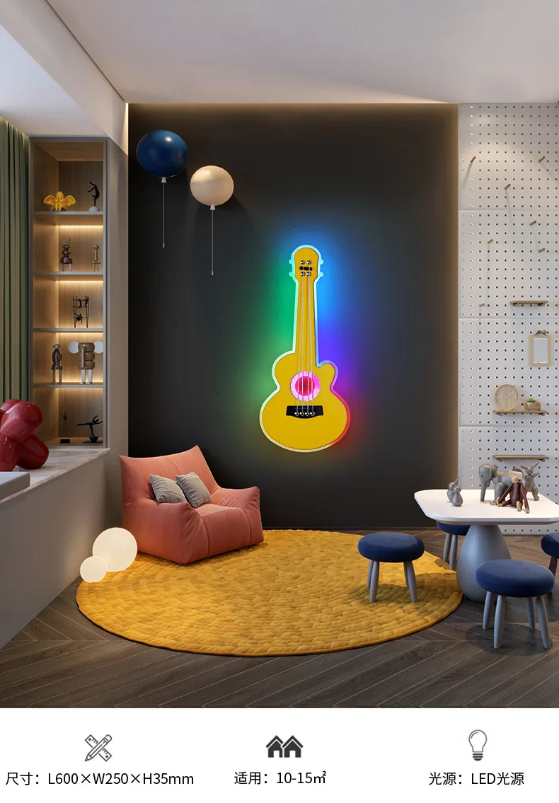 Children Guitar Ceiling Lamp Remote Control Kids Room Bar Home Party Dimmable Atmosphere RGB Led Ceiling Chandelier