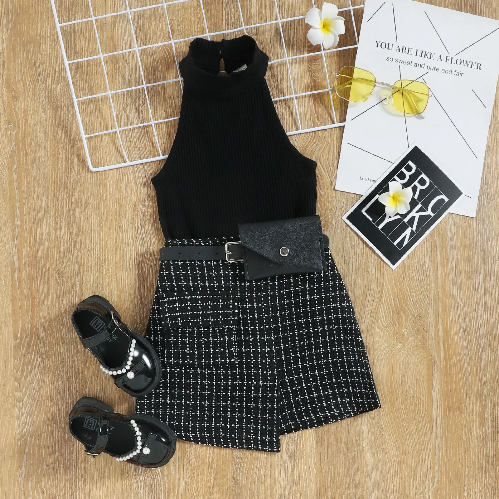 RTS 2023 baby girls clothes sets 2pcs girls black t-shirts+plaid A-line skirt outfit fashion kids girls clothes sets