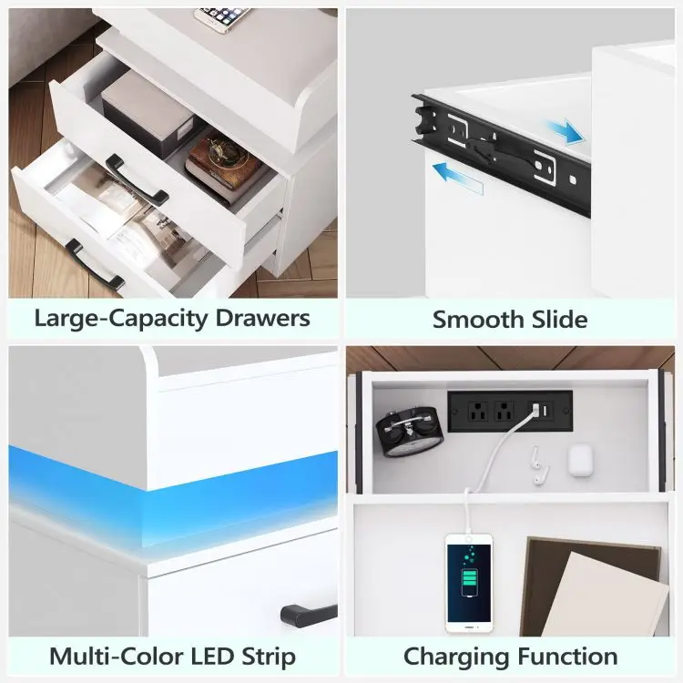 Modern Smart White Wooden 2 Drawer Bedside Table Wooden LED Nightstand Bedside Table With Charging Station Usb Ports For Bedroom