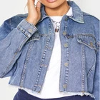Jacket Plus Size Ladies Mid Blue Washed Button Up Long Sleeve Casual Crop Denim Jacket
