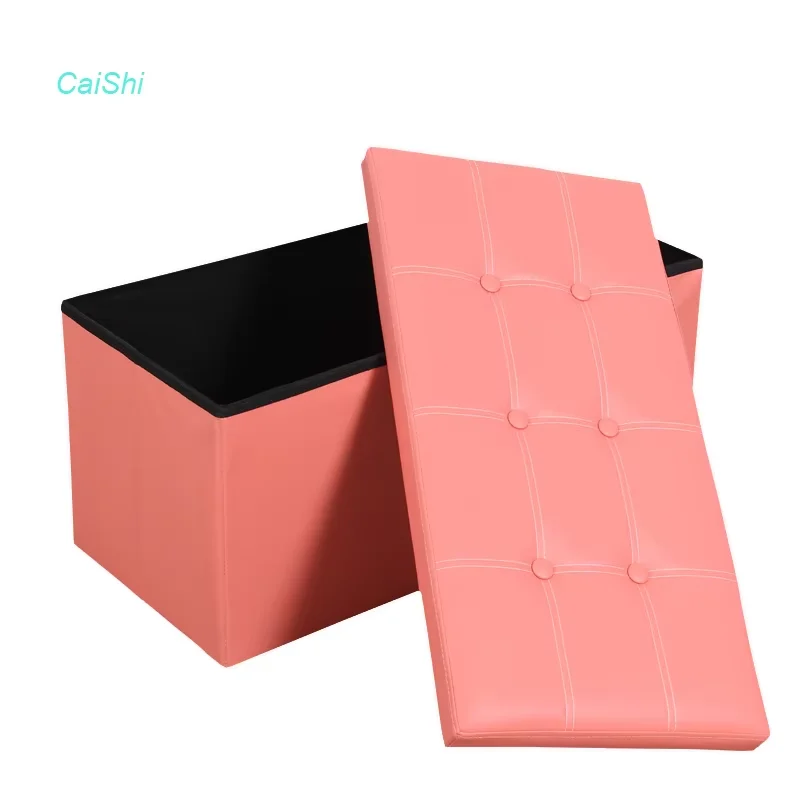 Modern Rectangle Folding Pink Faux Leather Storage Ottoman Solid Wood Frame Padded Seat for School Home Children's Toy Storage details
