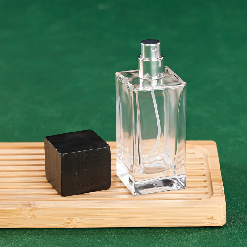 Customize 50ml 100ml Square Shape Wooden Cover Pump Sprayer Super Flint Glass Dispensing Empty Perfume Glass Bottle