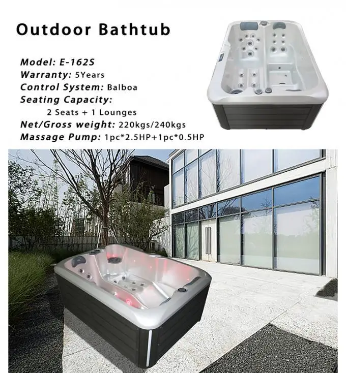 Freestanding Luxury Hot Tub Spa Tub with 25 Jets 2 Seats + 1 Lounge and 5 Years Warranty