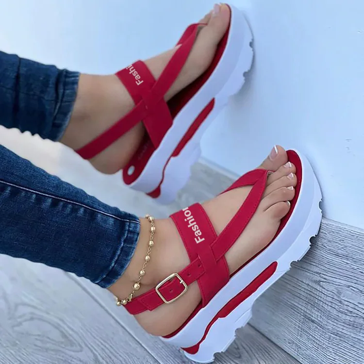 2024 summer new cross-border large size wedge toe buckle sandals female thick soled Roman sandals female