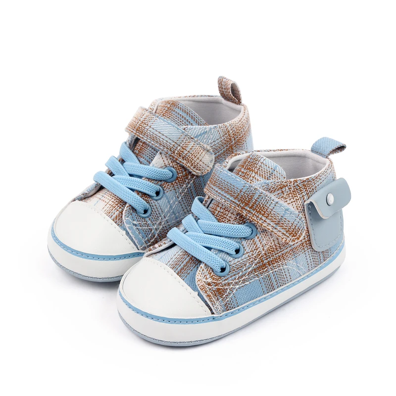 Four Seasons Classic Canvas Baby Boys and Girls Shoes Plaid Pocket Soft Soled Baby Walking Shoes factory