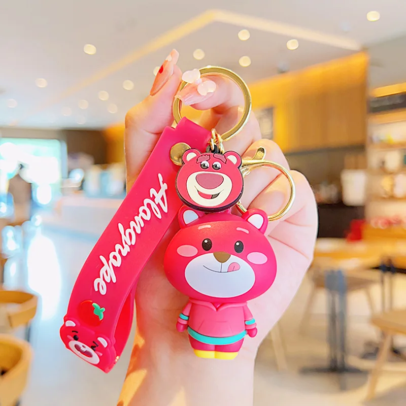 Manufacturer wholesale 3D PVC plastic kids cute cartoon designer car key chain ring toy kawaii strawberry bear key ring keychain