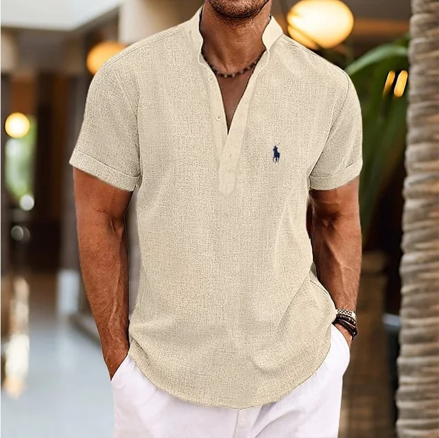 Custom Summer Men Shirt Vacation Casual Beach Men Short-Sleeved Embroidery LOGO Men'S Shirts Cotton Linen Shirt