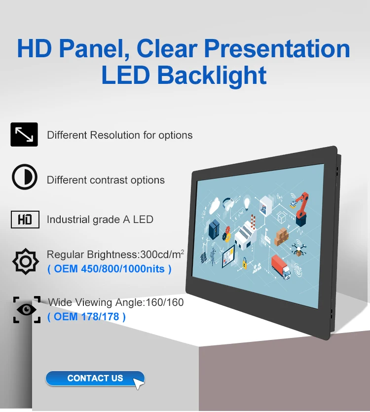 High Brightness 17.3 Inch IPS HD Open Frame LCD Monitor Embedded Metal Case Non-Touch/Touch Screen for Industrial Desktop Use