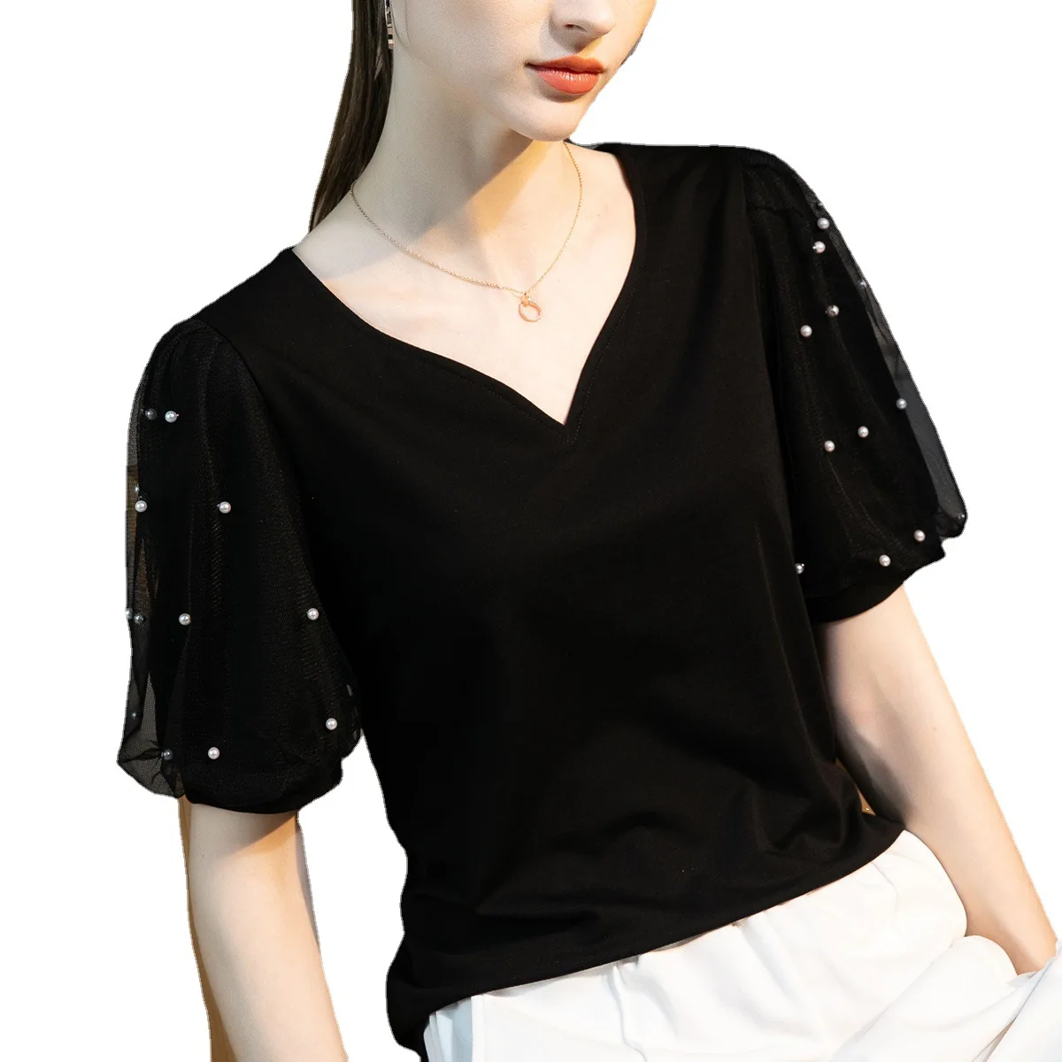 Women Beading Mesh Puff Sleeve Cotton T-shirt Summer V-Neck Short Sleeve High Quality Tee Tops Fashion Casual T-shirt