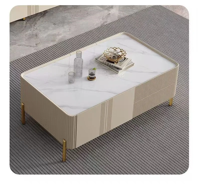 Living Room Furniture Luxury Coffee Table Set TV Cabinet Rock Slab Stone Coffee Table white Wooden Frame TV Stand Center Table