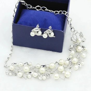 PUSHI Imitation pearl leaf jewelry sets necklace for earring sets