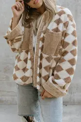 Wholesale High Quality Winter Coat Plaid Print Zipper Sherpa Jacket For Women Corduroy Shacket