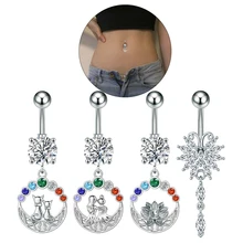 Set 10 Long-Dangled 14G Stainless Steel Fox Lotus-Shaped Curved Navel Rings Colorful CZ Belly Jewelry Fashion Piercing Jewelry