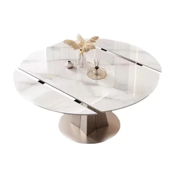 Hanyee 2024 Extension Table Pink Marble Dining Table Set Stainless Simple Modern Furniture Gold Metal Steel Stable Minimalist