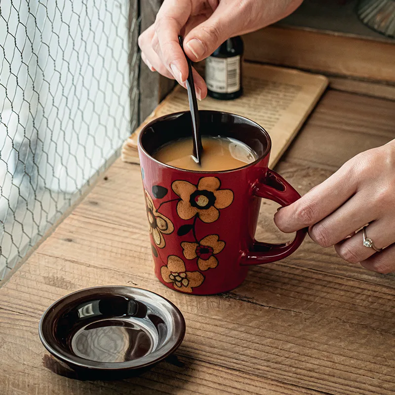 Handmade colored Nordic Red flower ceramic coffee mug with cover spoonn