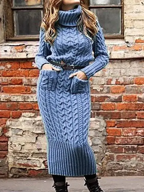 Dropshipping Fashion Knitted Women Casual Sweater Dress Winter High Collar Pocket Long Sleeve Sweater Dress for Ladies