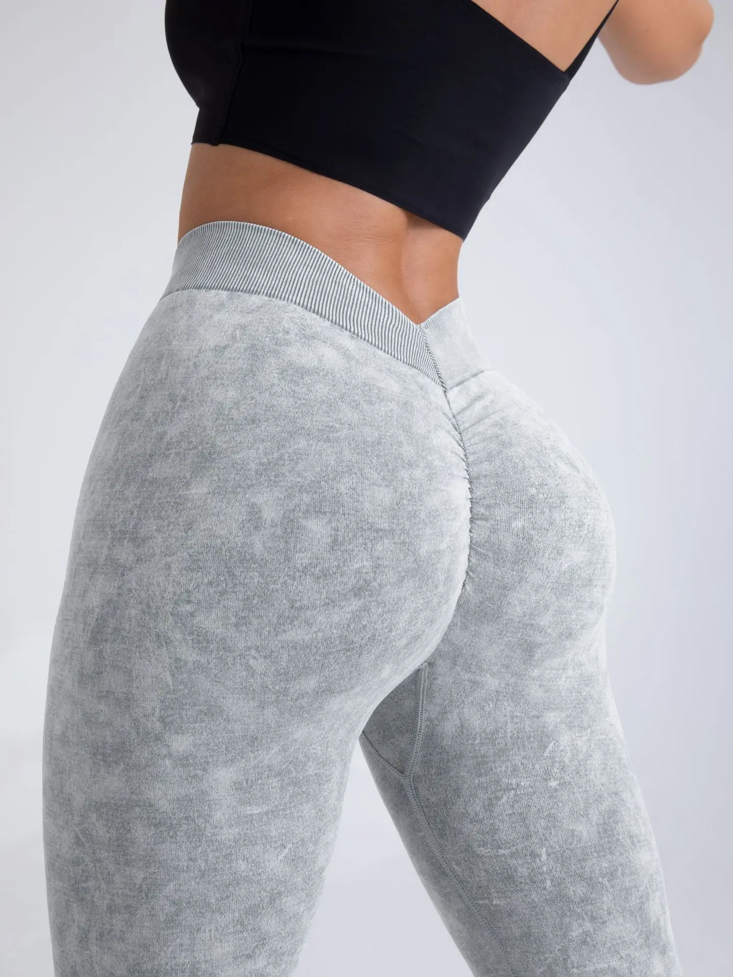 Custom Logo V Back Acid Wash Yoga Leggings Gym Fitness Wear Push Up