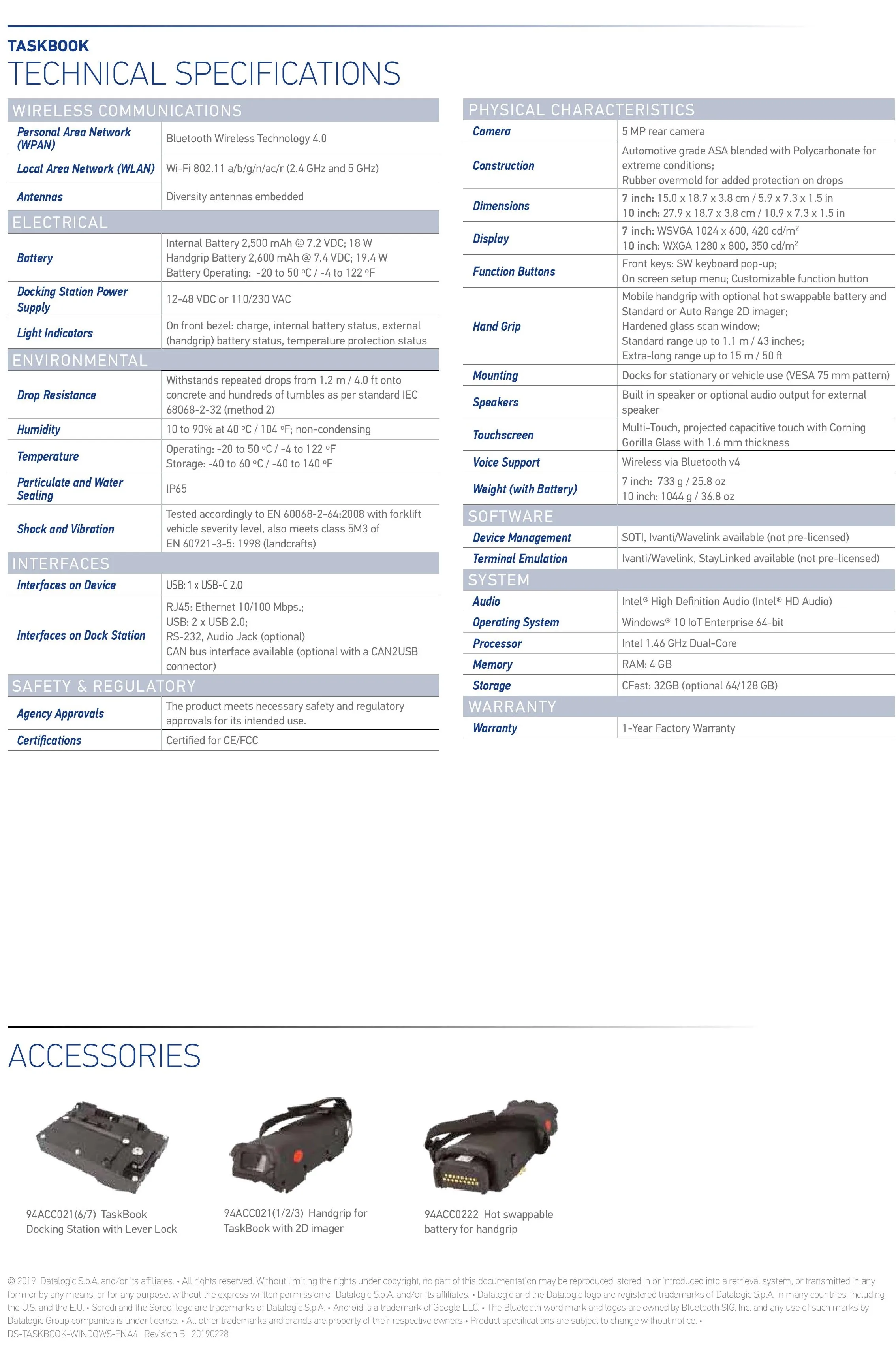 Datalogic Taskbook - Rugged Industrial Mobile Computer for Harsh Conditions, IP65, USB, BT, Wi-Fi, 10 IoT Enterprise