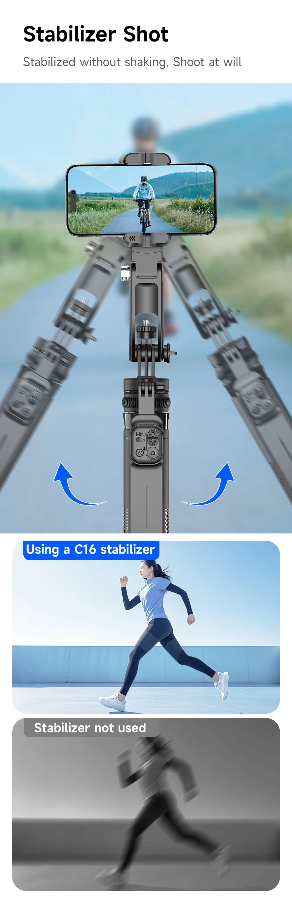 C16 Intelligent AI Face Tracking 360 Rotating Single Axis Gimbal Stabilizer Aluminum Alloy Rod Quadrupod Selfie Stick Light 540g