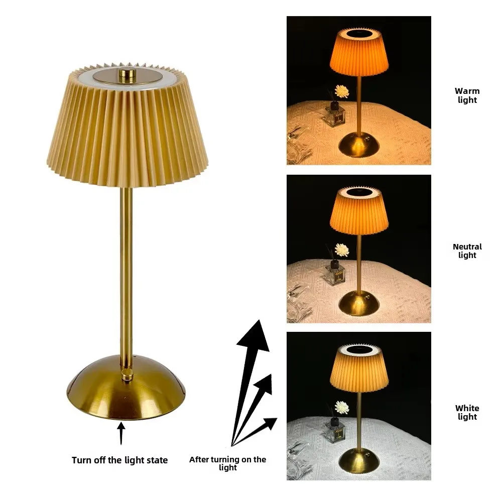 Modern Minimalist Rechargeable Touch Night Light Pleated Fabric Metal Bedside Atmosphere Lamp 5V Battery Cross-Border Table Lamp