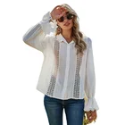 White 2021 Spring New Women's Hollow Lace Patchwork Stand-up Collar White Shirt