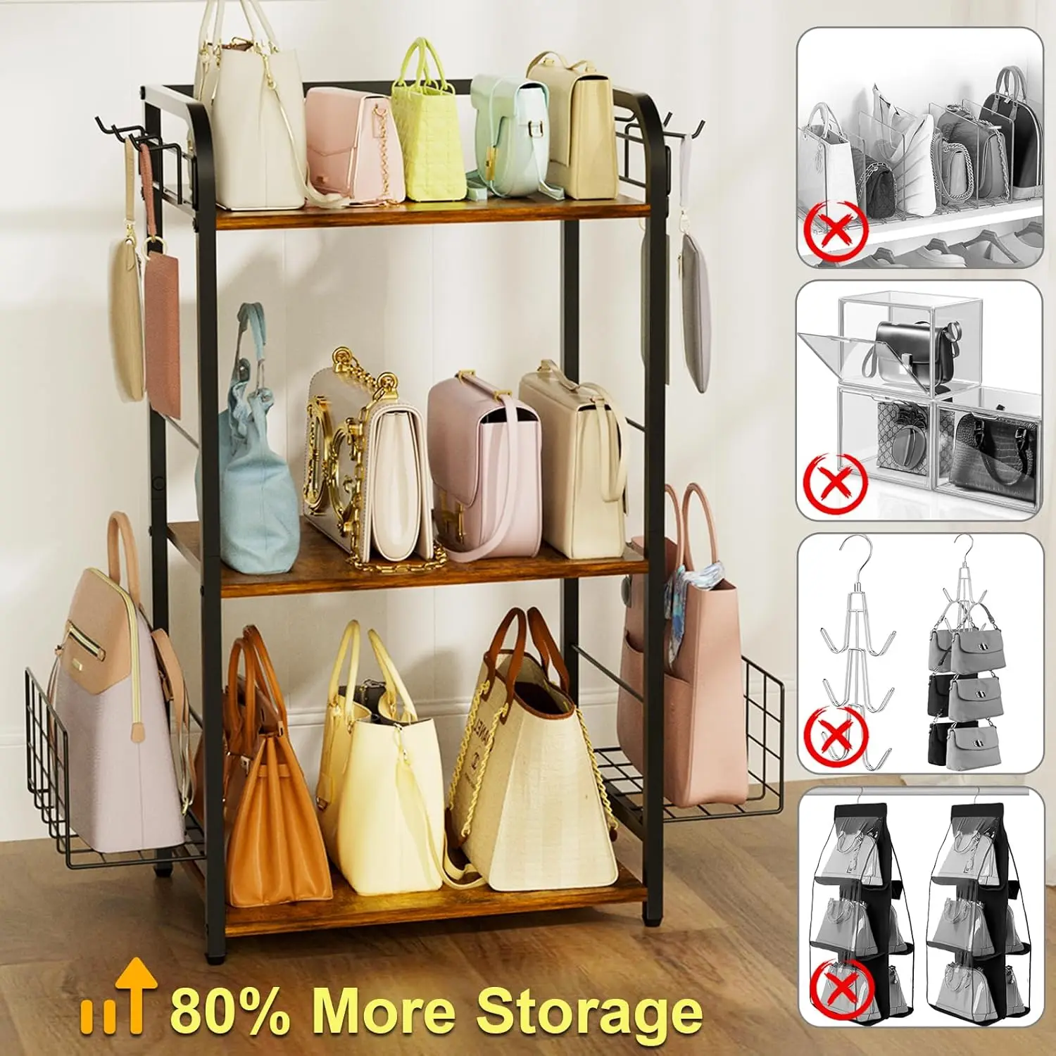 New arrival Wood 3-Tier Floor-Standing Purse Holder with Side Hooks and Baskets Purse Organizer