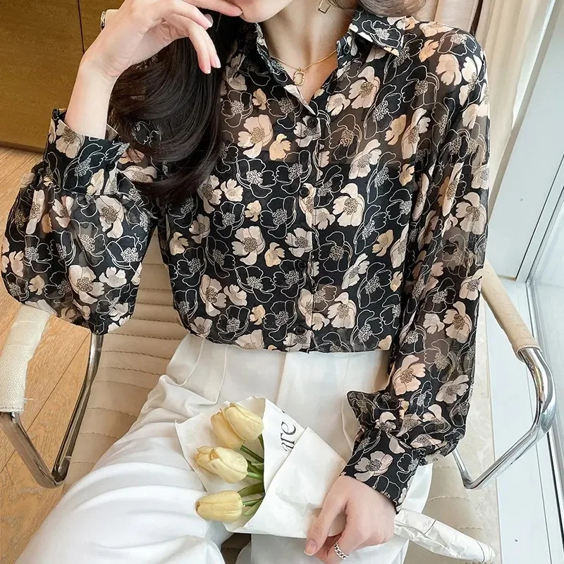 Autumn Women's Chiffon Blouses Vintage Printing Turn Down Collar Loose Shirts Long Sleeve Casual Office Tops Spring New