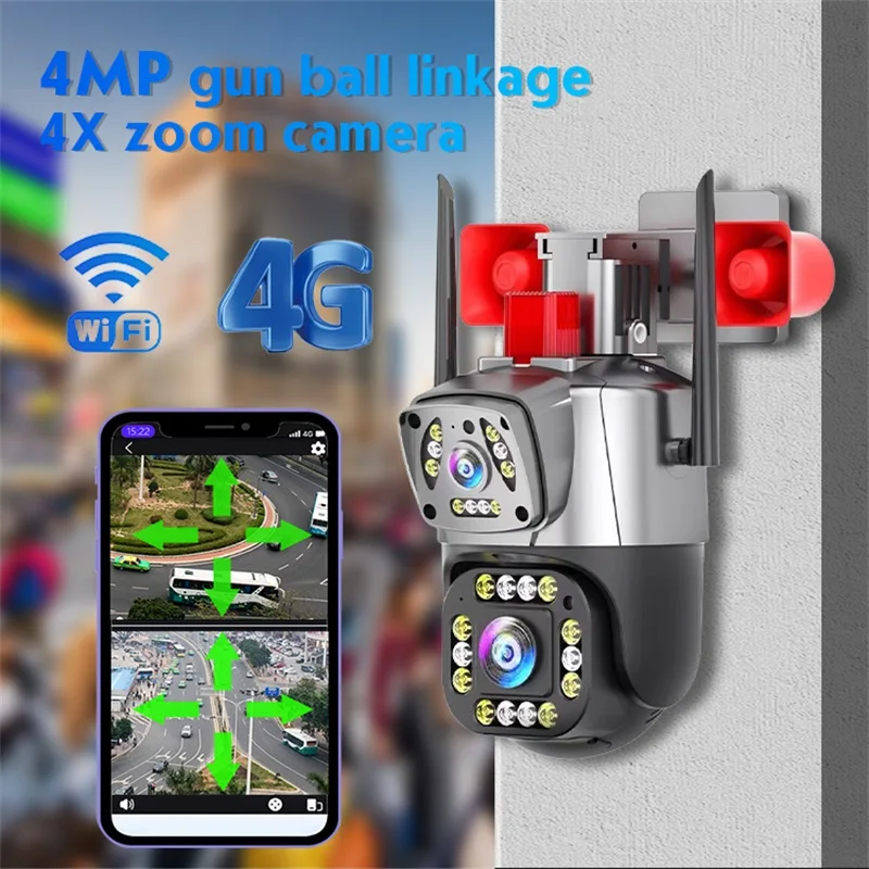 Outdoor Wifi Wireless Camera 4mp Dual Lens Ptz 4x Zoom Security Surveillance Panoramic Full Color Ip Network Cctv Camera