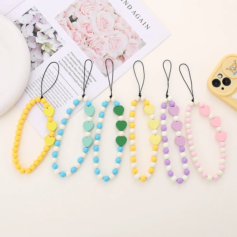 Fashion Colorful Candy Color Acrylic Beads Chains For Phone Cases Phone Lanyard Heart Pattern Acrylic Phone Chain