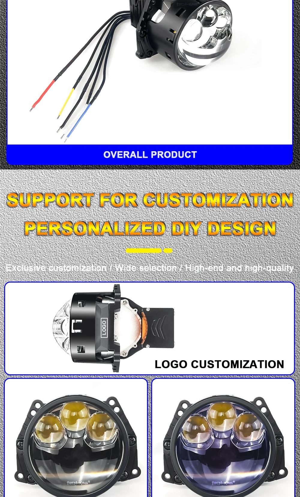 TECH-KING Car LED headlights double lens 3 inch three direct laser light super bright 90 watt high power Projector headlight