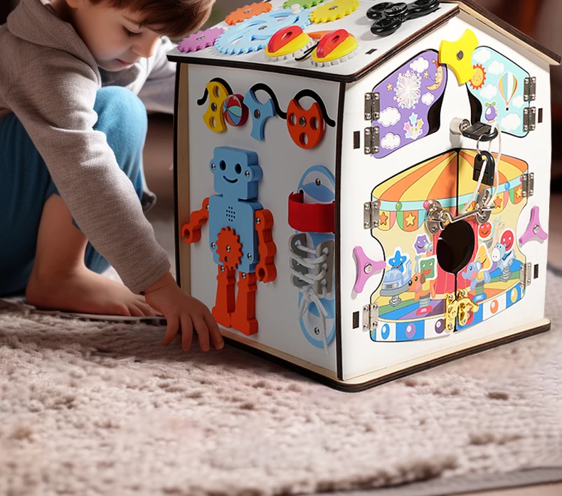 Activité d'éducation précoce pour enfants, jouet sensoriel multifonctionnel en bois, jouet montessori, robot, maison de planche occupée pour enfants, détails