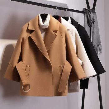 2021 Autumn Winter Fashion Solid Color Wool Short Women Coats With Belt