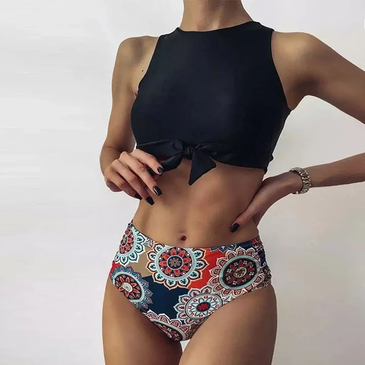 voor Nylon Schema Wholesale Strappy Crop Top Padded Bikini Two Pieces Black Floral Bathing  Suits Retro Vintage Women High Waisted Swimsuit - Buy High Waisted Swimsuit,Wholesale  Strappy Crop Top Padded Bikini Two Pieces Black Floral