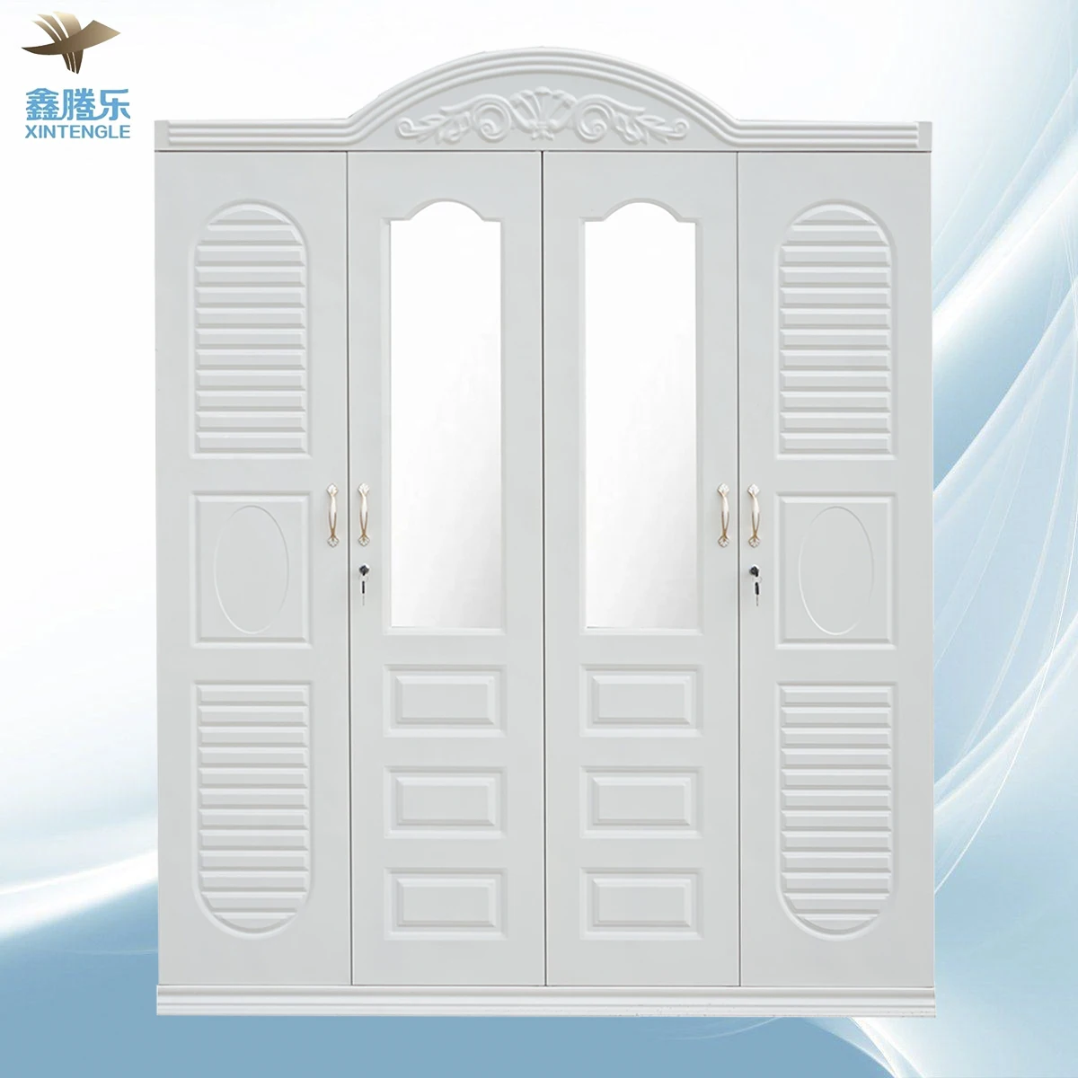 Tengle Home Bedroom Furniture 4-Door Steel Armario with Metal Imprint 4-Door Wardrobe Mirror Almirah Lemari Pakaian Besi