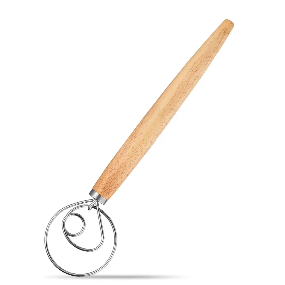 Dough Whisk Stainless Steel Dutch Style Bread Dough Hand Mixer Long Wooden Handle Kitchen Baking Tools for Bread  and Pastry