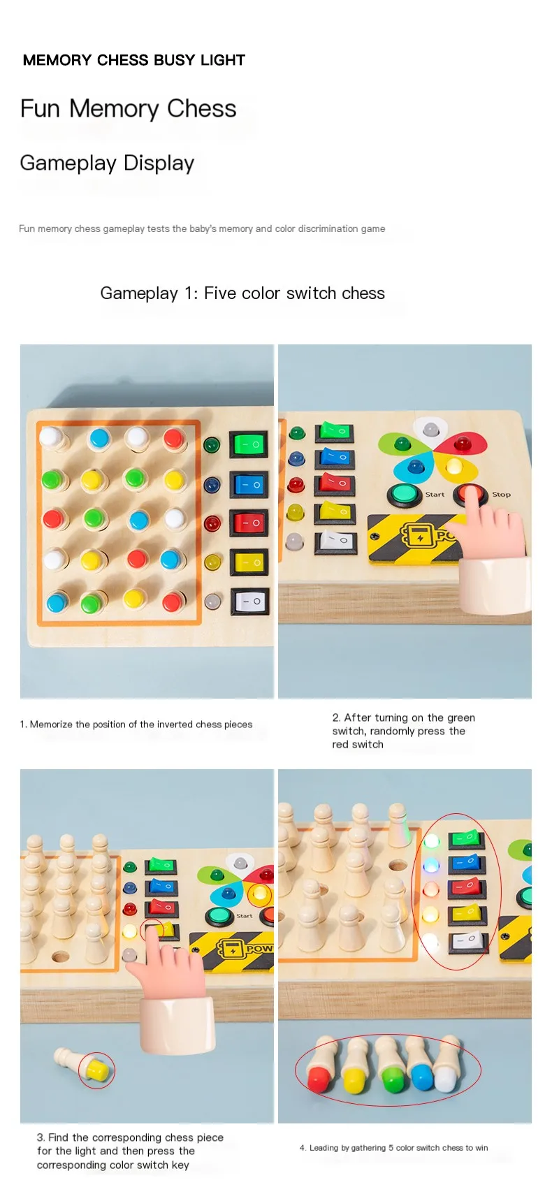 Haute qualité enfants mémoire éducative jeu d'échecs Montessori en bois lumière LED panneau occupé jouets de voyage sensoriels pour la fabrication des tout-petits