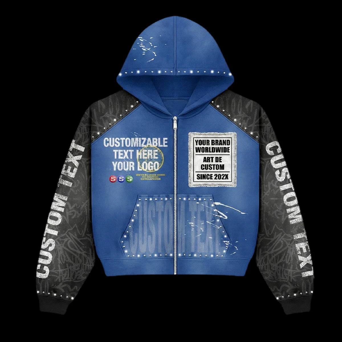 product custom acid wash zip up patchwork rhinestone hoodie hooded oversize boxy embroidery mens hoodies sweatshirts graphic print-3