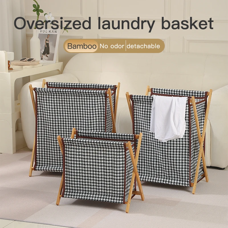 Collapsible Laundry Hamper Bamboo X Frame Folding Laundry Basket Clothes Sorter Organizer for Bedroom