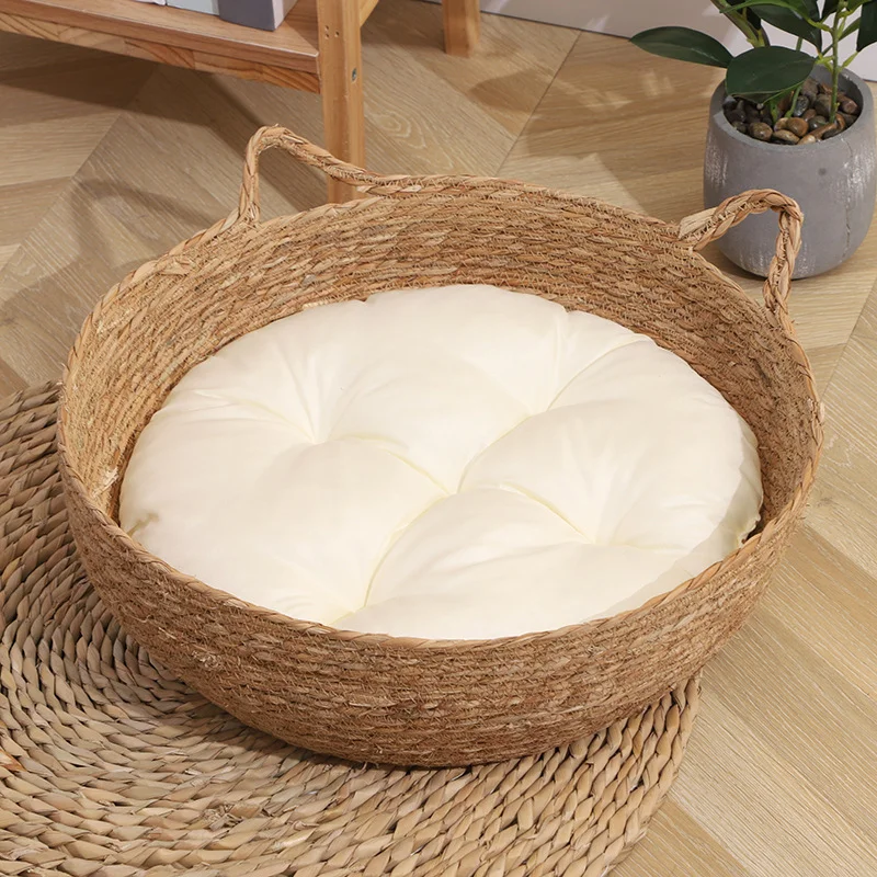 HUAYI  Four seasons  cotton and grass woven pet baskets for pet accessories handwoven  grass Weaving Cat Bed with Cushions