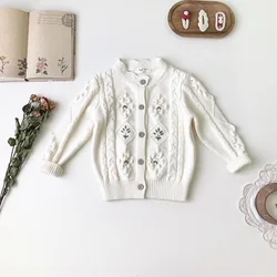 2023 autumn and winter new girls' vintage embroidered woolen cardigan children's sweater with thick woolen coat