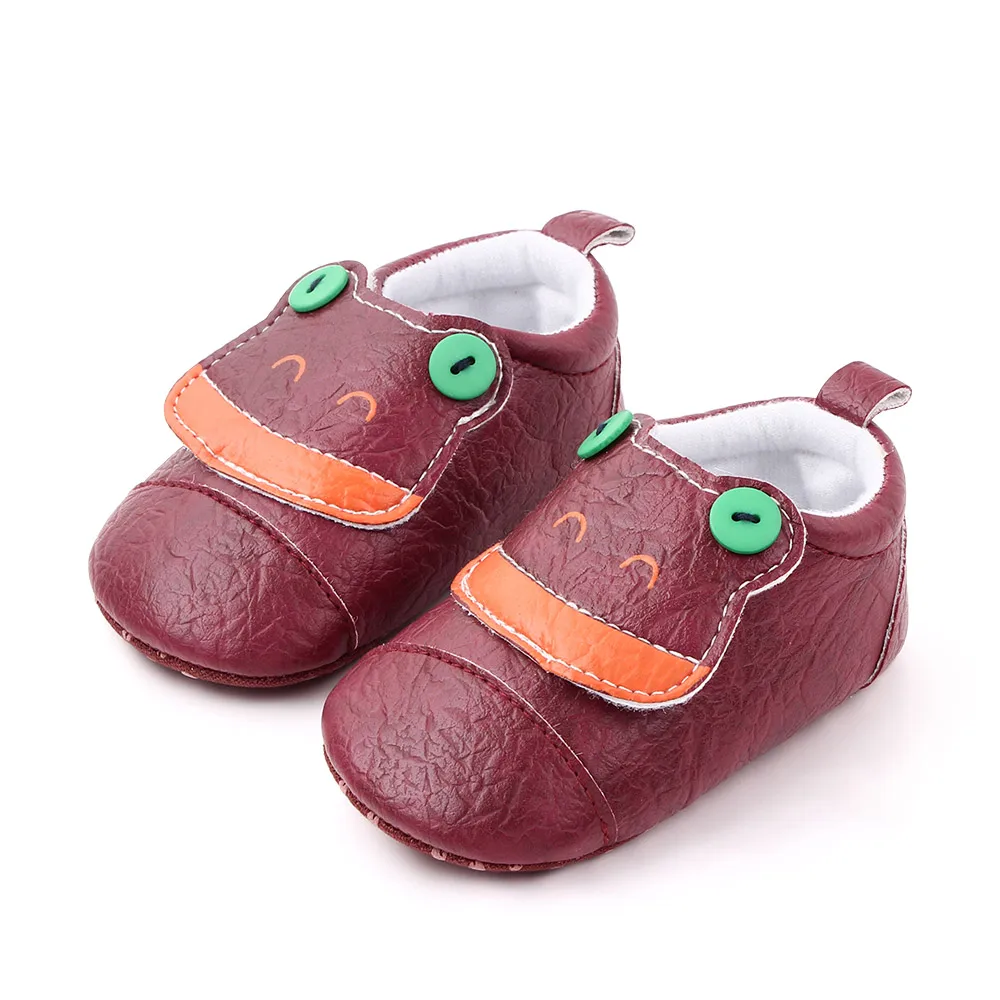 Cute Cartoon Animal Solid Color Pu Leather Buttons Small Frog Soft Soled Baby Walking Shoes details