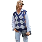 Vest V-Neck Knit Sweater Tank Argyle Plaid Preppy Style Sleeveless Crop Knitwear Women's Vest