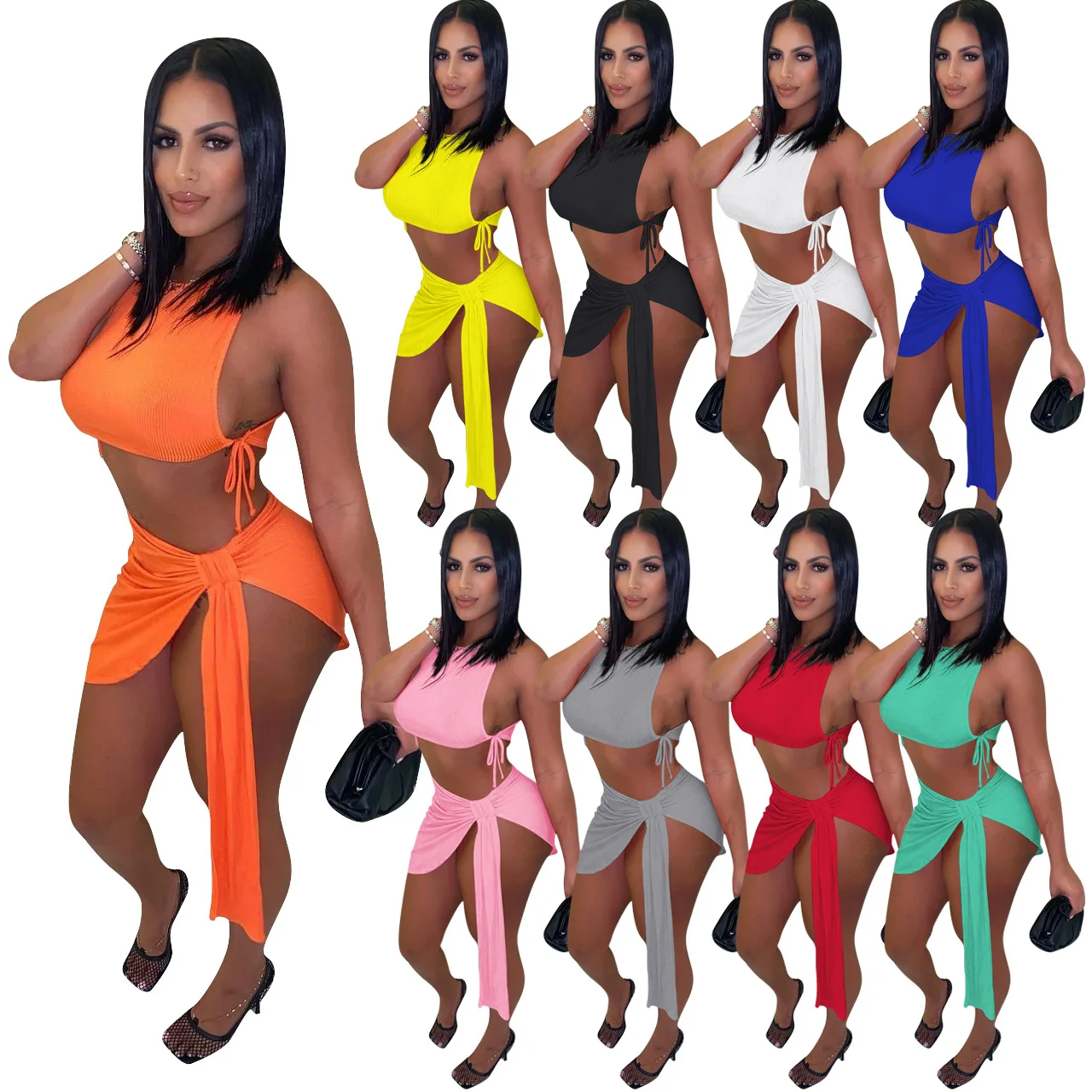 Bandage tight sexy dresses clubwear two piece set crop top clothing ribbed skirt sets club women 2 piece dress