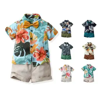 2024 Summer Children Wear Floral Print Short Sleeve Shirt Collar Tops Shorts 2Pcs Suit Kids Boys Clothes Sets
