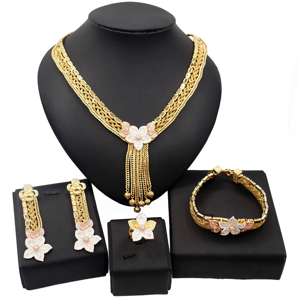 Gold Plated Jewelry Set Rhinestone Flower Pendant Necklace Earring Jewelry S&K 